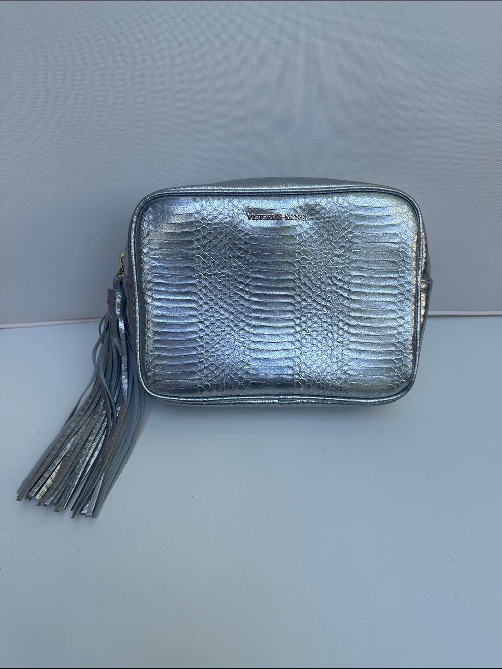 Silver Metallic Reptile-Embossed Clutch with Tassel